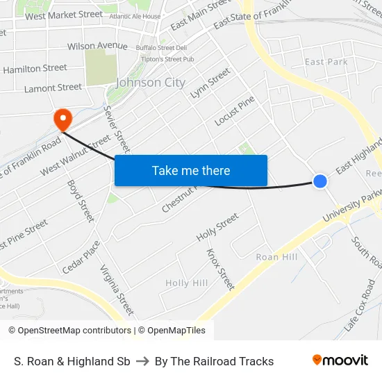 S. Roan & Highland Sb to By The Railroad Tracks map