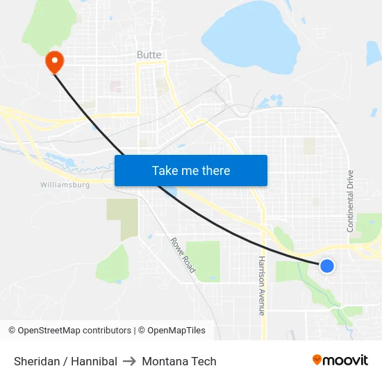 Sheridan / Hannibal to Montana Tech map