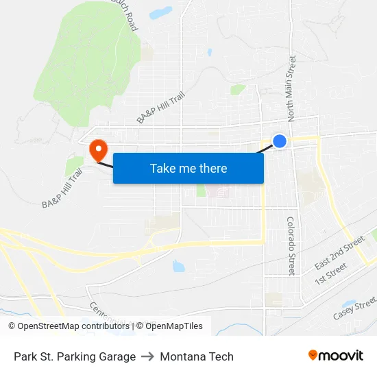 Park St. Parking Garage to Montana Tech map