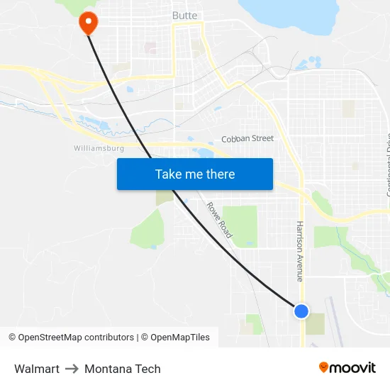 Walmart to Montana Tech map