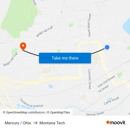 Mercury / Ohio to Montana Tech map