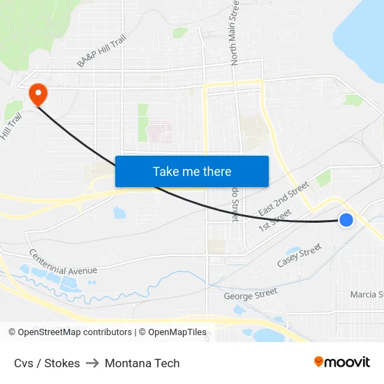 Cvs / Stokes to Montana Tech map
