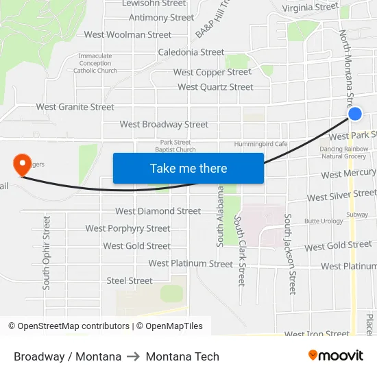 Broadway / Montana to Montana Tech map