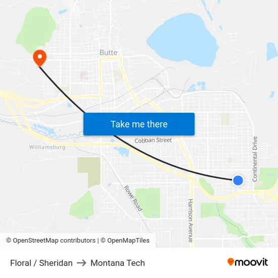 Floral / Sheridan to Montana Tech map