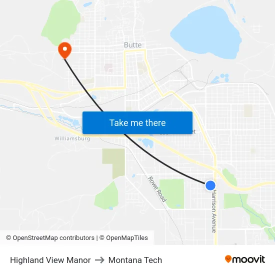 Highland View Manor to Montana Tech map