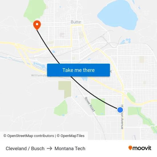 Cleveland / Busch to Montana Tech map