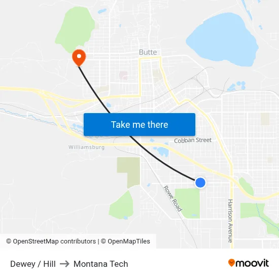 Dewey / Hill to Montana Tech map