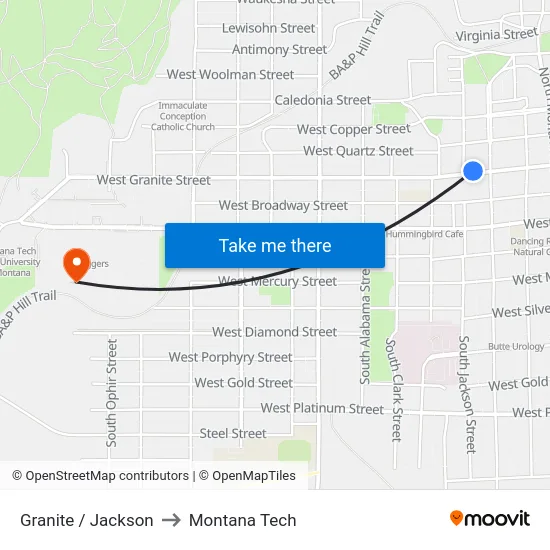 Granite / Jackson to Montana Tech map