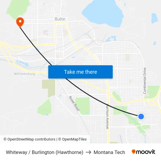 Whiteway / Burlington (Hawthorne) to Montana Tech map