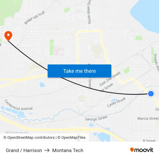 Grand / Harrison to Montana Tech map