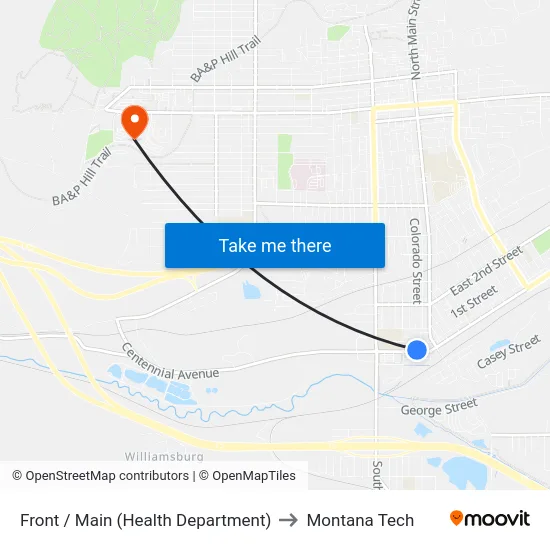 Front / Main (Health Department) to Montana Tech map