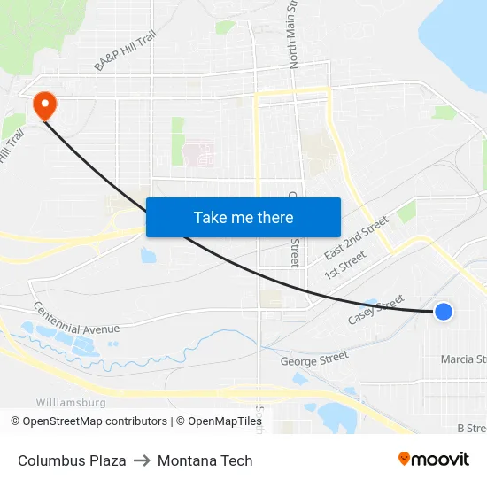 Columbus Plaza to Montana Tech map
