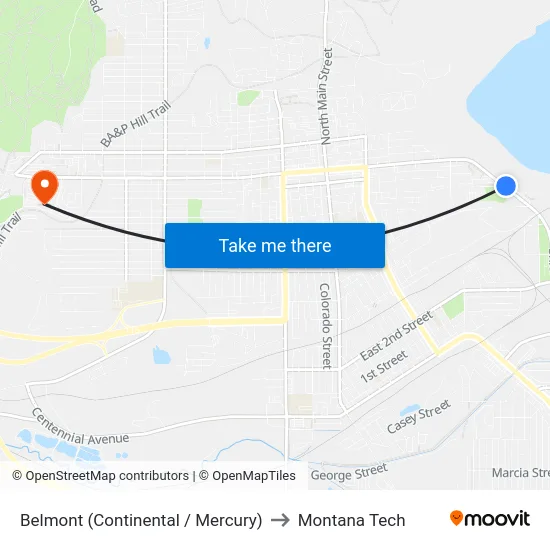 Belmont (Continental / Mercury) to Montana Tech map