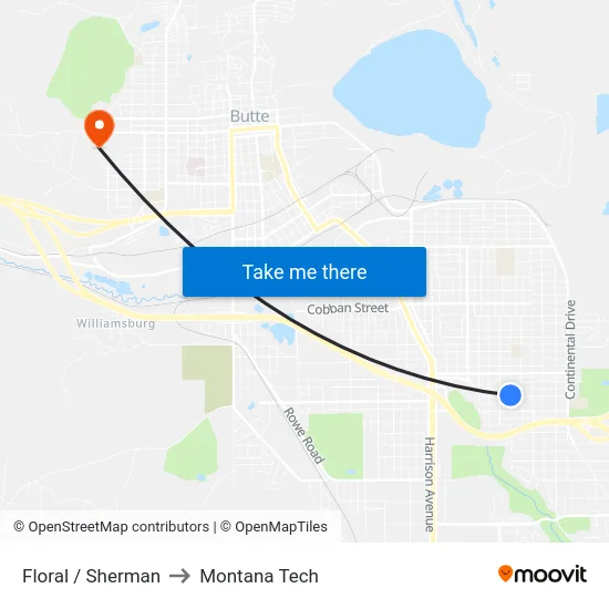 Floral / Sherman to Montana Tech map