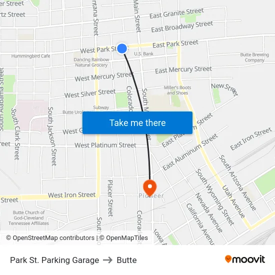 Park St. Parking Garage to Butte map