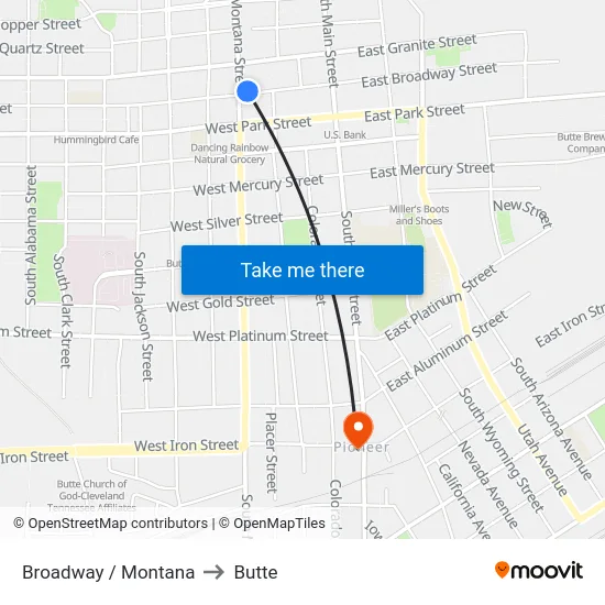Broadway / Montana to Butte map