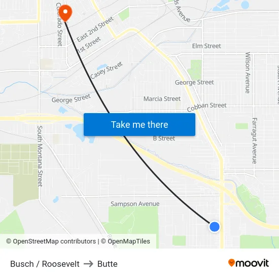 Busch / Roosevelt to Butte map