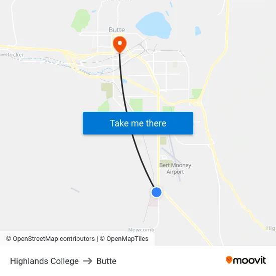 Highlands College to Butte map