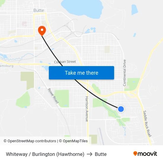 Whiteway / Burlington (Hawthorne) to Butte map