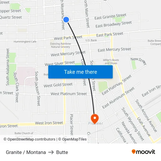 Granite / Montana to Butte map