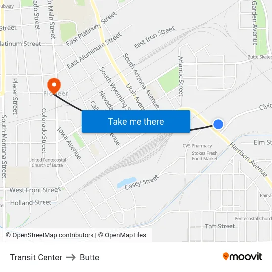 Transit Center to Butte map