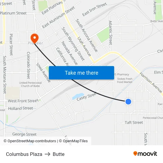 Columbus Plaza to Butte map