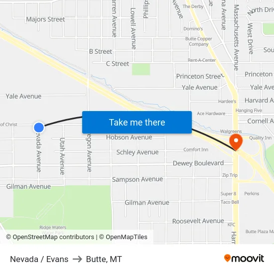 Nevada / Evans to Butte, MT map