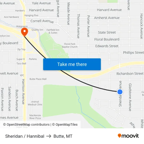 Sheridan / Hannibal to Butte, MT map
