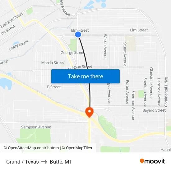 Grand / Texas to Butte, MT map