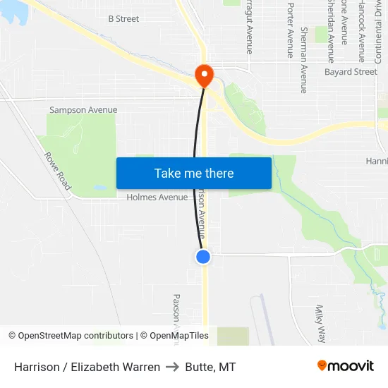 Harrison / Elizabeth Warren to Butte, MT map