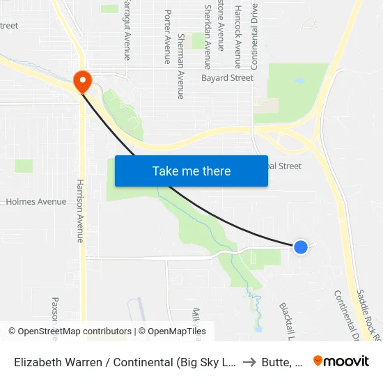 Elizabeth Warren / Continental (Big Sky Living) to Butte, MT map