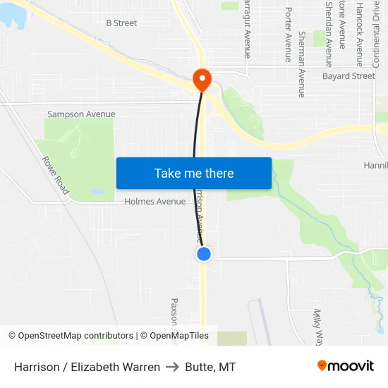 Harrison / Elizabeth Warren to Butte, MT map