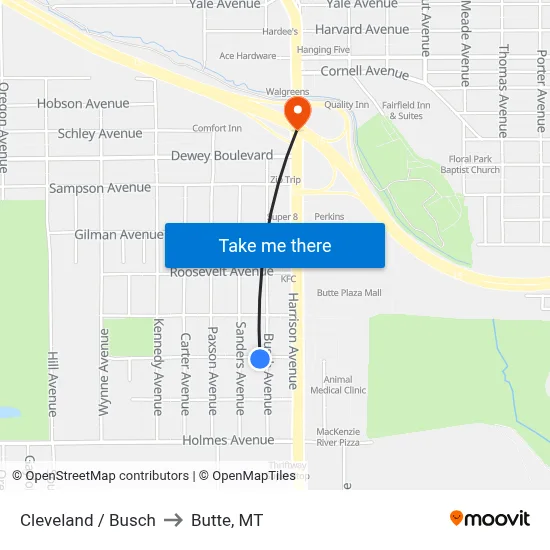 Cleveland / Busch to Butte, MT map