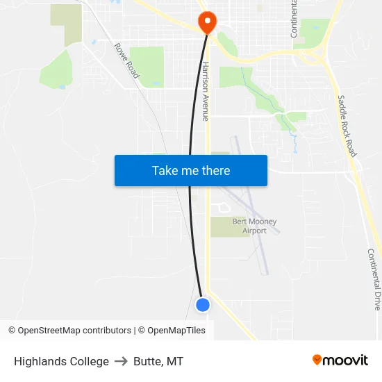 Highlands College to Butte, MT map