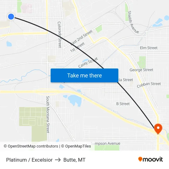 Platinum / Excelsior to Butte, MT map