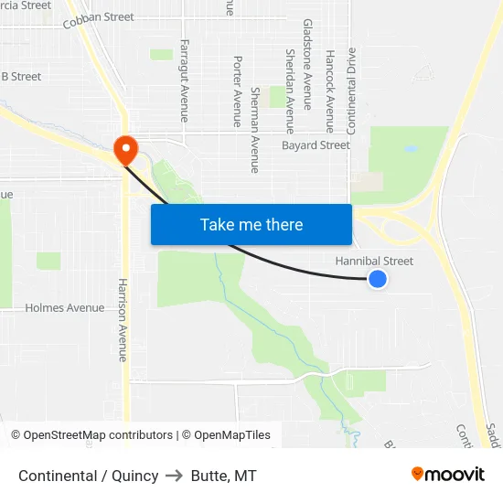 Continental / Quincy to Butte, MT map