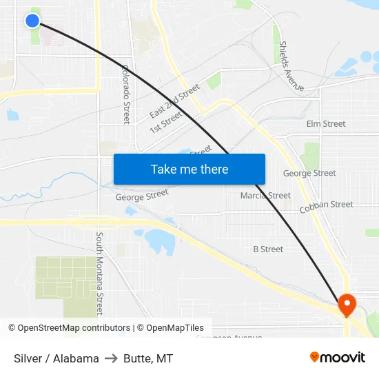 Silver / Alabama to Butte, MT map