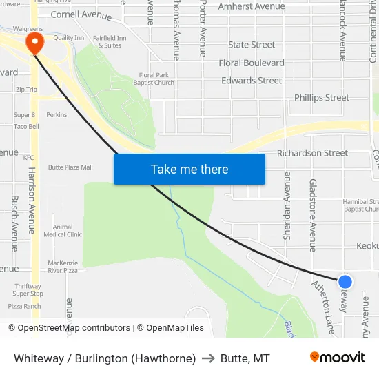 Whiteway / Burlington (Hawthorne) to Butte, MT map