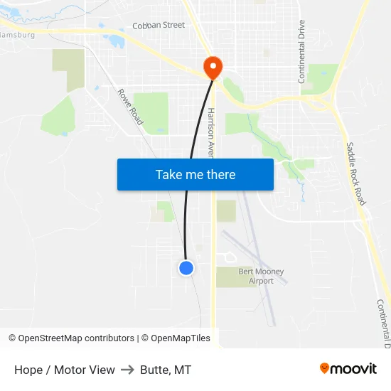 Hope / Motor View to Butte, MT map