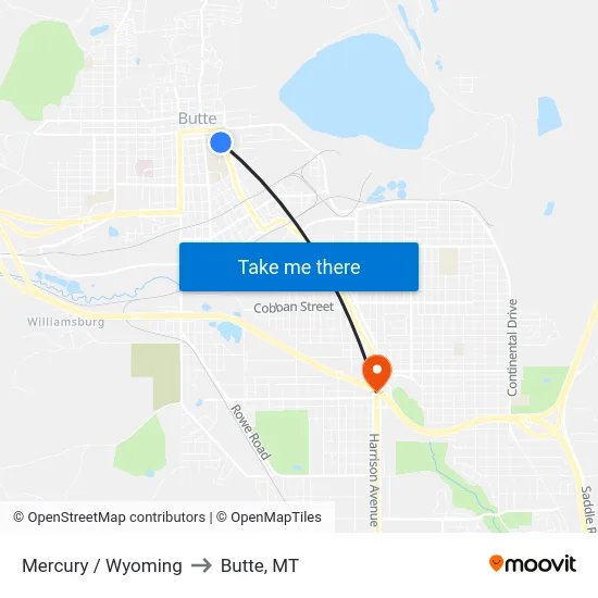 Mercury / Wyoming to Butte, MT map