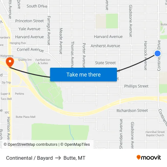 Continental / Bayard to Butte, MT map
