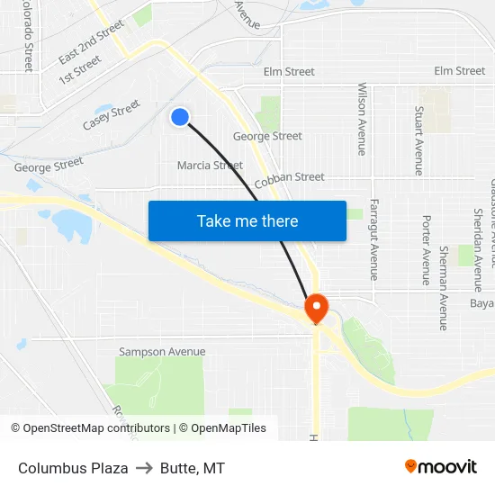 Columbus Plaza to Butte, MT map
