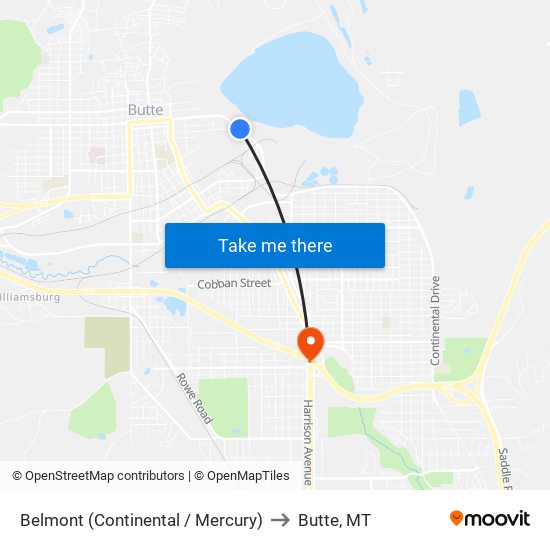 Belmont (Continental / Mercury) to Butte, MT map