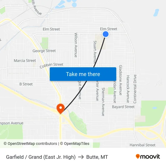 Garfield / Grand (East Jr. High) to Butte, MT map