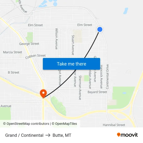 Grand / Continental to Butte, MT map