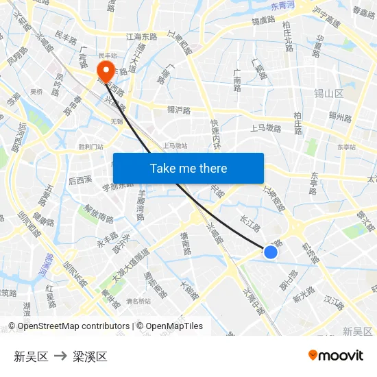 新吴区 to 梁溪区 map