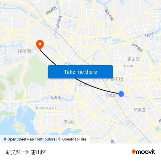新吴区 to 惠山区 map
