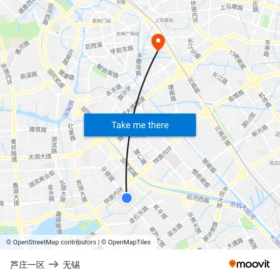 芦庄一区 to 无锡 map