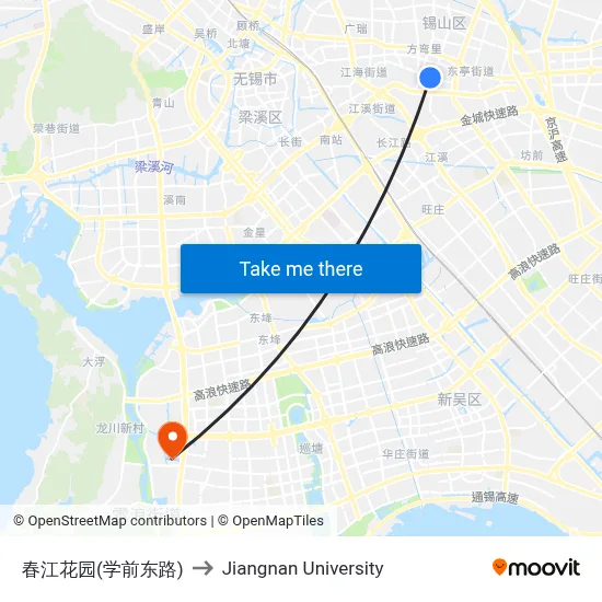 Chunjiang Garden (Xuequan East Road) to Jiangnan University map