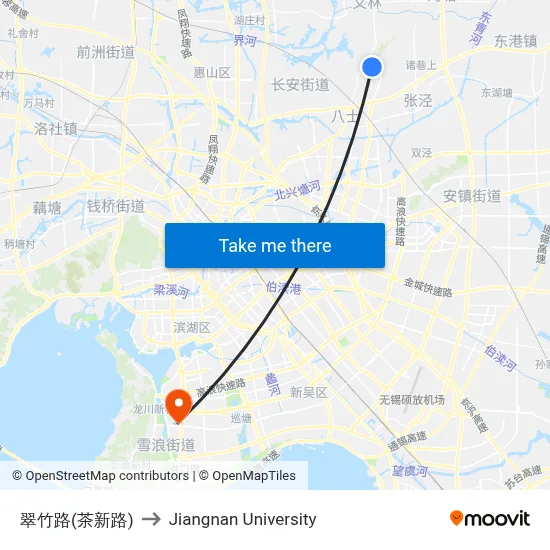 Cuizhu Road (Chaxin Road) to Jiangnan University map